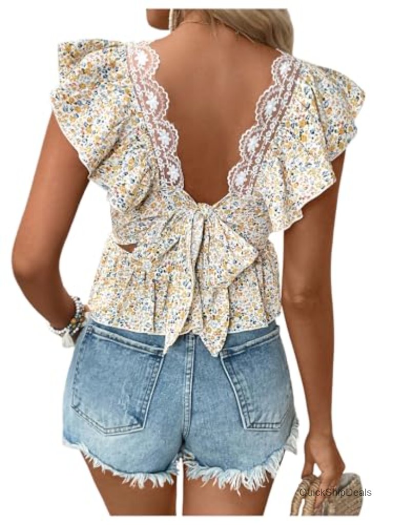 Floral Boho Blouse With Tie Back And Ruffle Sleeves